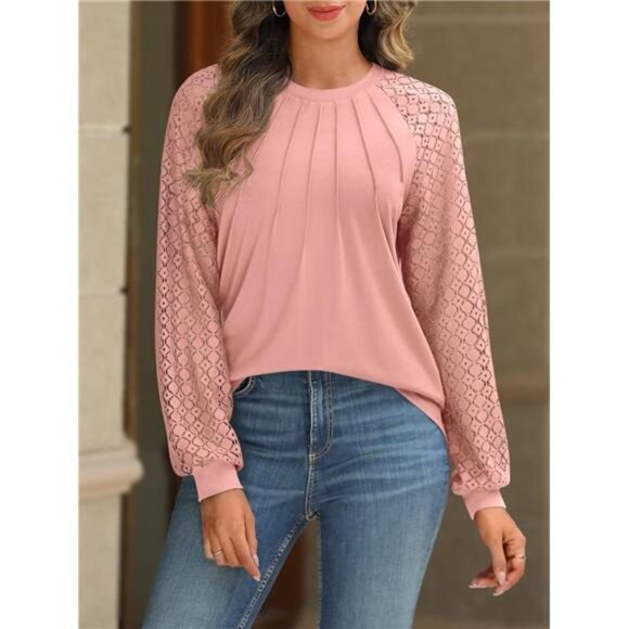 Women’s Long Sleeve Lace Tops,‎ Business Casual Knitted Blouses - Fall Fashion - Picture 2 of 7